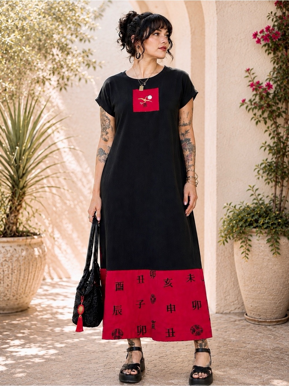 VTG M.MAC Maxi Shift Dress Petite M Fits S Crane Zodiac Artsy Boho Embroidered